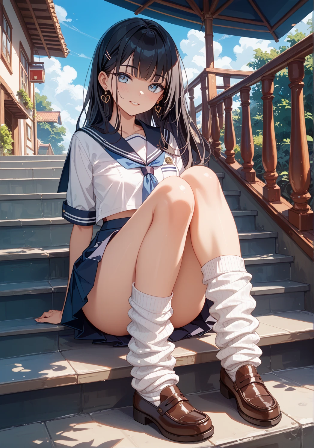 very cute and beautiful girl,(Very detailed美しい顔), (smile),blush,Black Hair,Seraphim,(Pleated navy blue pread your legs),Sitting、(From below),(Lacy white panties), Stairs in the park、Distant Tree々and the city, (Highest quality,masterpiece:1.0),Absurd,High resolution,Super detailed,Very detailed,32k,8K resolution, Intricate details,Movie Scenes,Detailed Background,alone,Dynamic Angle,
