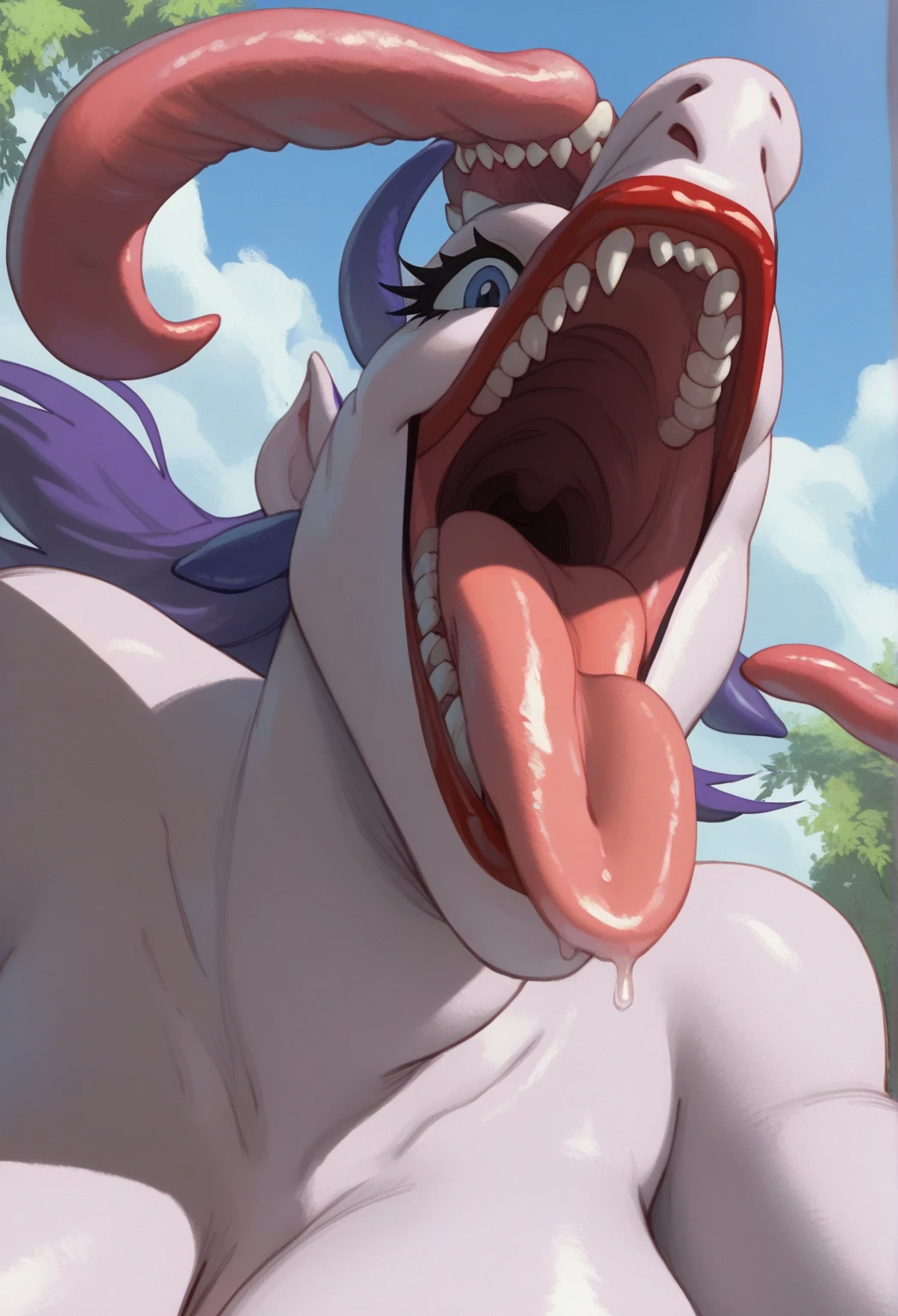 (Masterpiece) (High Detail) (High Res) A close up of A short cute humanoid girl with pale skin and turquoise eyes and long pink hair and pink dog ears and a big fluffy pink dog tail and average breasts and a humanoid face. She is naked and giving a blowjob to a big black equine shaped horse penis. POV Blowjob. Pink Hair. Pink Tail. Outside in a park. Cum.