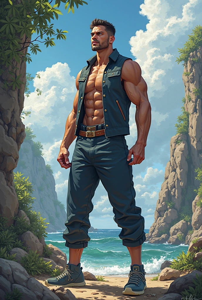 aqua_admin_matt, standing, looking at viewer,rugged body,wide arms,wide shoulders,wide chest,wide legs,wide feet,power body, mountain,sea,waves,((art by takahirosi))