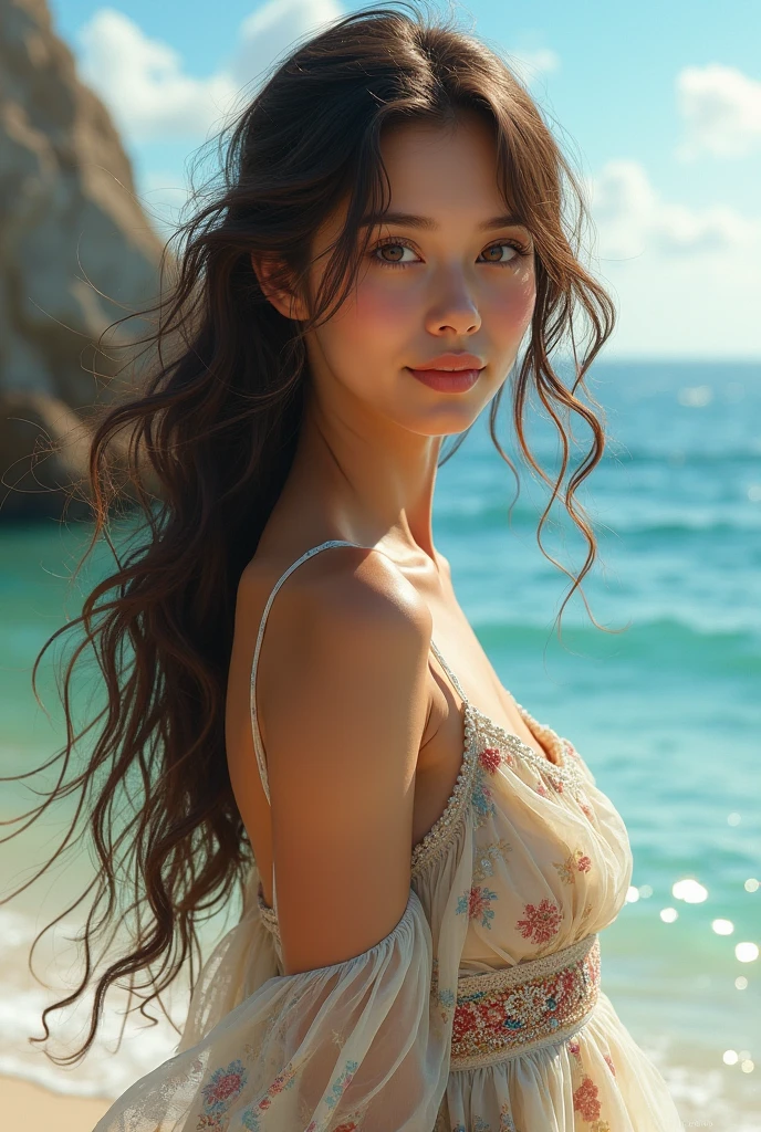 upper body, brown hair, design hair, live action, masterpiece, top quality, official art, very elaborate cg Unity 8K wallpaper, for girls, ultra high resolution, (photorealistic: 1.4), golden hour lighting, summer fashion, (natural brown hair: 0.8), (puffy eyes), sunshine, look at viewer, turn around, smile, medium breasts, balayage hair, bust up angle, model pose, sea, delicate skin, curly hair