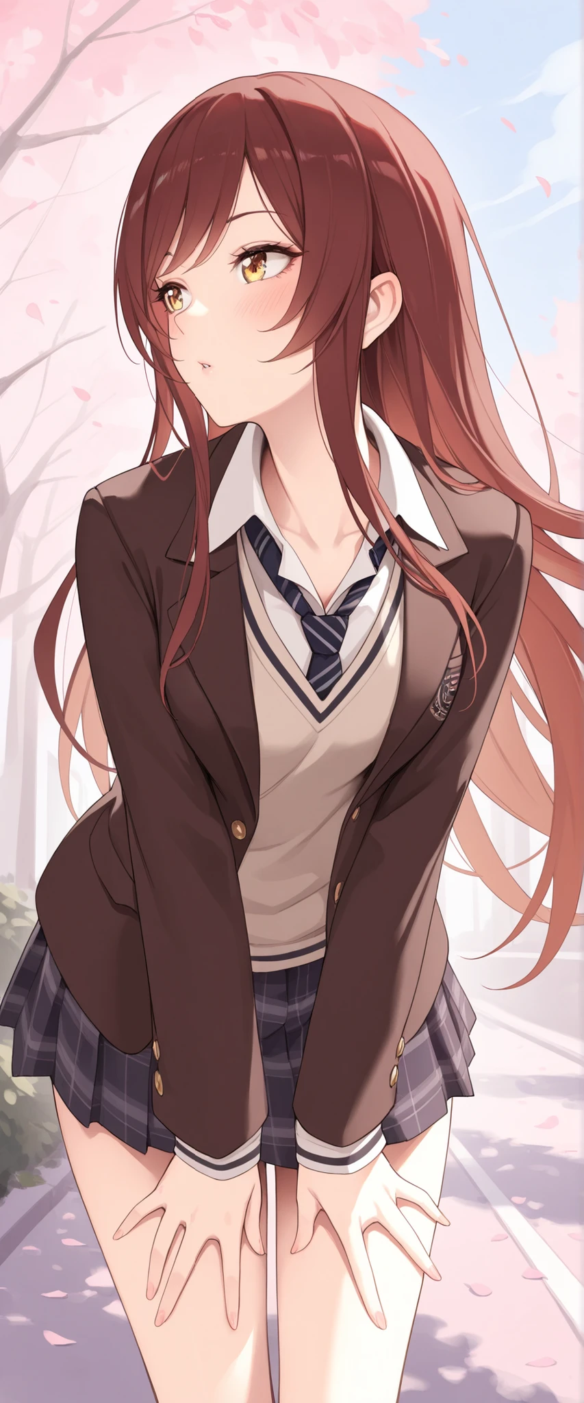 1girl,osaki amana,idolmaster shiny colors, blazer, brown hair, brown jacket, cowboy shot, day, diagonal-striped clothes, diagonal-striped necktie, jacket, long hair, long sleeves, loose necktie, miniskirt, necktie, outdoors, petals, plaid clothes, plaid skirt, pleated skirt, school uniform, skirt, striped clothes, sweater, v-neck, yellow eyes,asutora,nanahara fuyuki,ruo zhishi chu jian,yueko \(jiayue wu\),colis,masterpiece, best quality, amazing quality, very aesthetic, absurdres,newest,huge filesize,leaning forward、