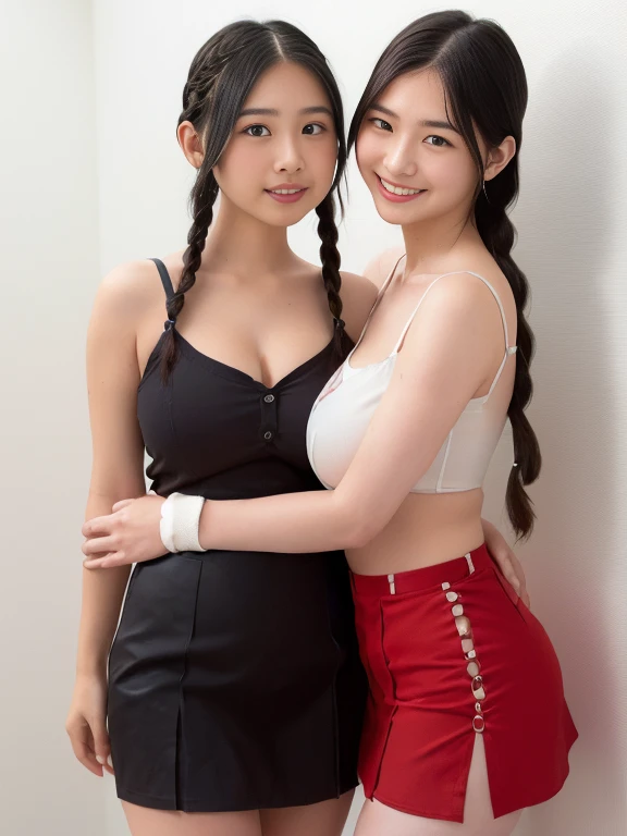 (((Two girls standing side by side, cheek to cheek)))、((Two people touching cheeks)),((Highest quality)), ((masterpiece)), (detailed),((Perfect Face))、((Perfect body))、 ((The two of them bend over and look at me.))、((Both of them looking up))、((big breast:1.1))、8K,Realistic、Realistic、High definition、high resolution、Real、Japanese、Outdoor、blue sky、summer、21 years old、smile、A good friend、Heavy makeup、Sleeveless shirt、Blue flared mini skirt、Black Hair、ponytail、