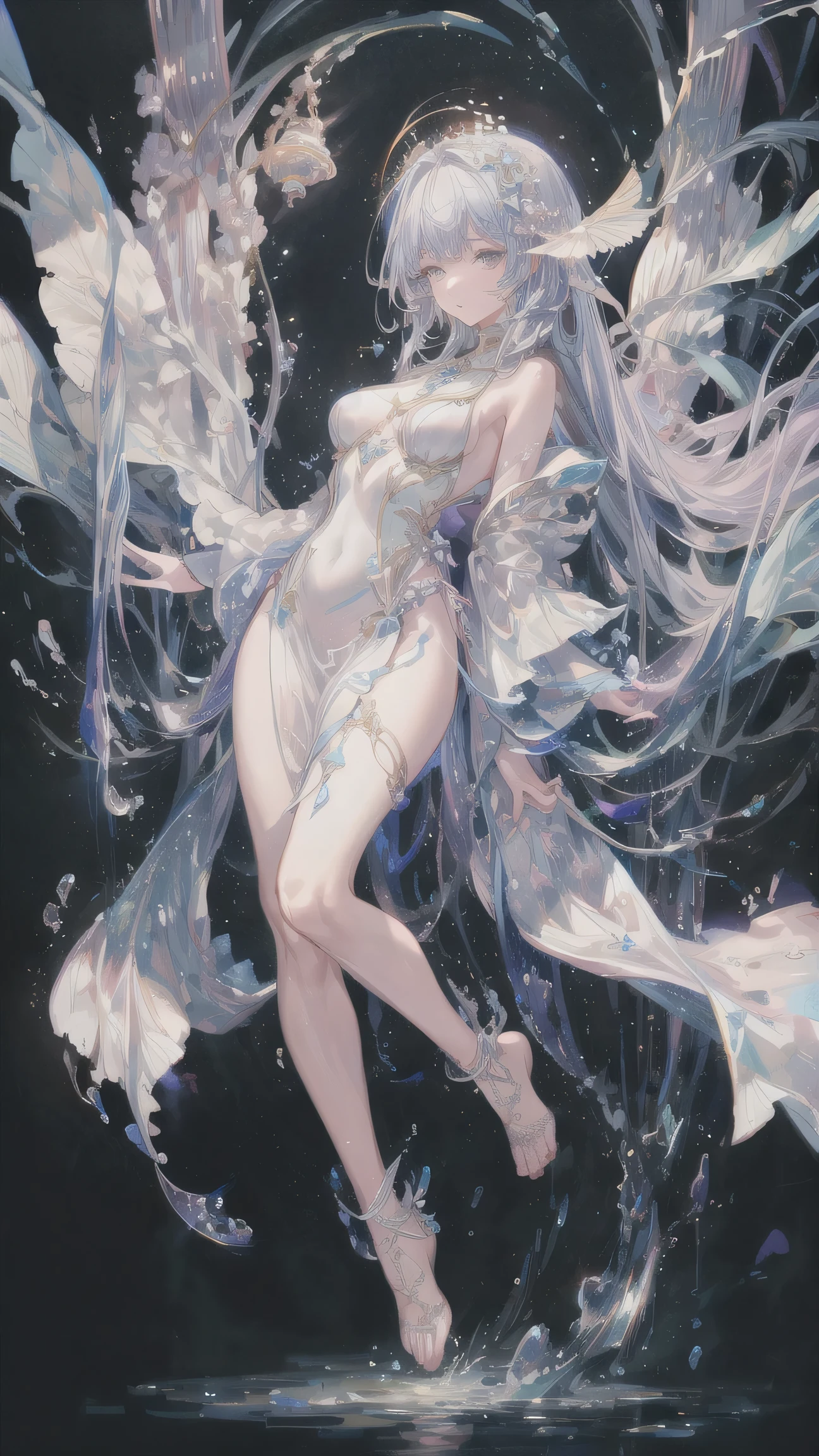(Close-up:1.4)、(RAW photo:1.2)、(photorealistic:1.4)、(masterpiece:1.3)、(最high quality:1.4)、(Beautiful woman with perfect body:1.4)、solo、7 head and body、(full body shot)、(big breasts:1.3)、(beautiful detailed eyes)、(charming big eyes)、(beautiful double eyelids)、(beautiful and detailed face)、(fantasy、magic effect、call:1.3)、(silver hair:1.2)、gorgeous drestrong wind、See-through、Wet、dark hair、slender、small butt、beautiful feet、skinny legs、Surrealism、cinematic lighting、Depth of the bounds written、first person perspective、ticker、muste piece、curate、(perfect anatomy:1.2)、textured skin、super detail、high details、high quality、best quality、High resolution、8K、illumination、nude