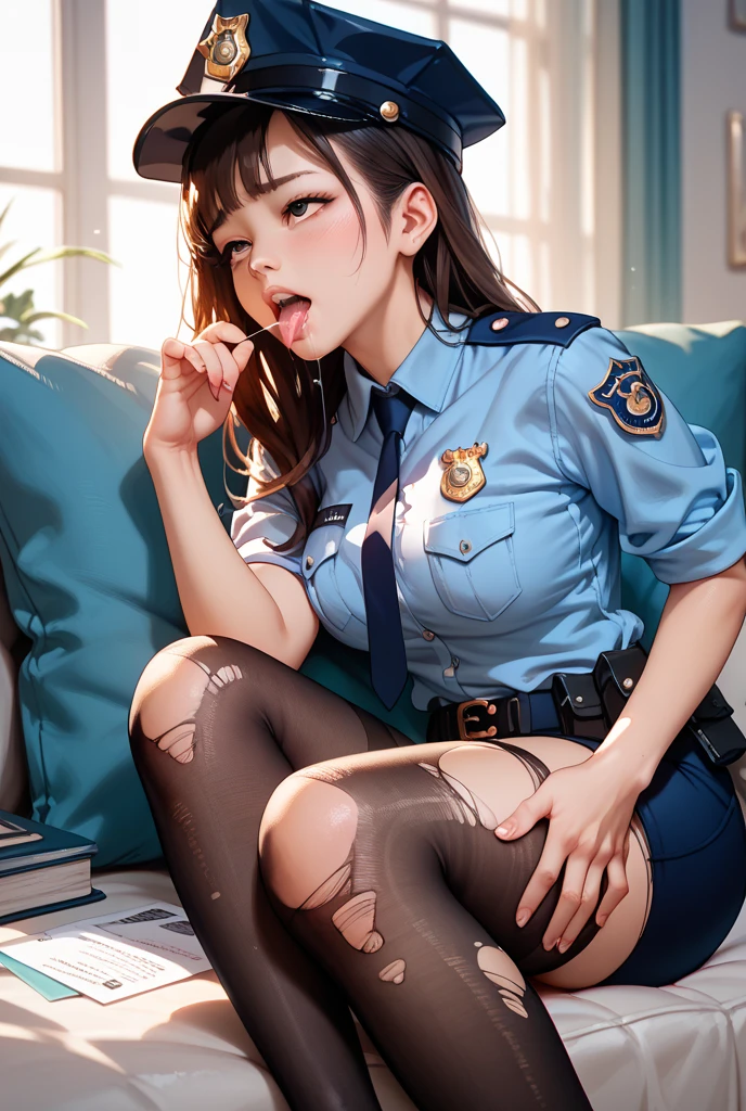 (RAW photo:1.2), ((photorealistic:1.4),(masterpiece:1.3),(best quality:1.4),ultra high res,(detailed facial features),(detailed body features),HDR,8k resolution, 1 girl, blush, dark red hair, 8k, ultra high details, perfect nose, cinematic lighting, perfect body, police hat, police uniform, 1 man, black stockings, fuck on table, pussy, penis, perfect tits, open mouth