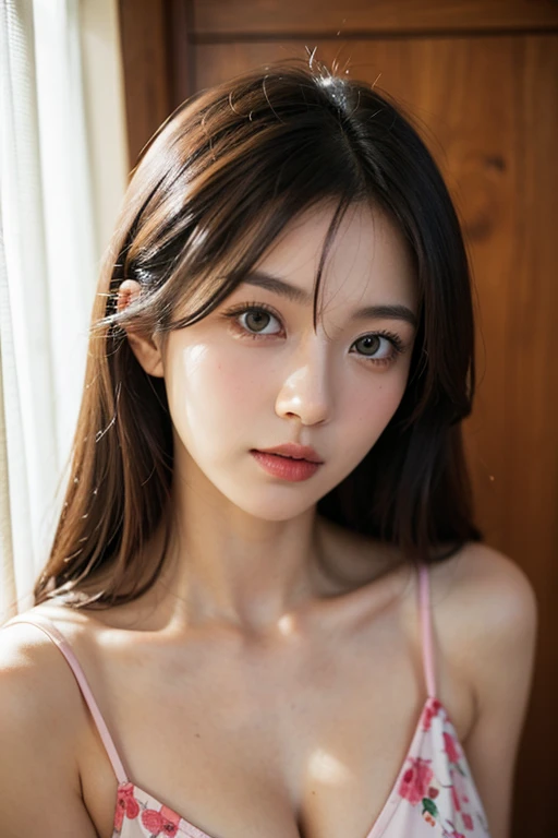 Realistic, high resolution, 1 girl, pale pink, Korean, heterochromic eyes, small mole under the eyes, casual suspenders, casual trousers, big breasts, long legs