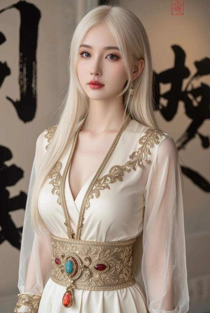 (((Hyper Real)))、(((A 30-year-old white female priest from ancient Europe)))、(((Beautiful female priest)))　Mature beautiful middle-aged woman、(((Big big boobs)))、Fine skin、Beautiful plump middle-aged woman、(Fine green eyes)、Blonde fluffy long hair、{(Ancient ornate and luxurious temple)、(Many torches are burning)}、(((Big big cleavage)))、Big Ass、Red lips、(((Luxurious pure white outfit and luxurious accessories)))、