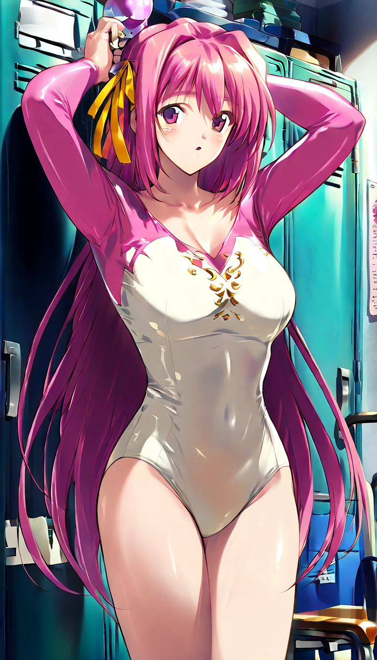 best quality, ultra-detailed masterpiece, nino nakano, blush, smile, (pink leotard:1.2), halter neck,bare shoulders, victory pose, (See-through clothes), open legs