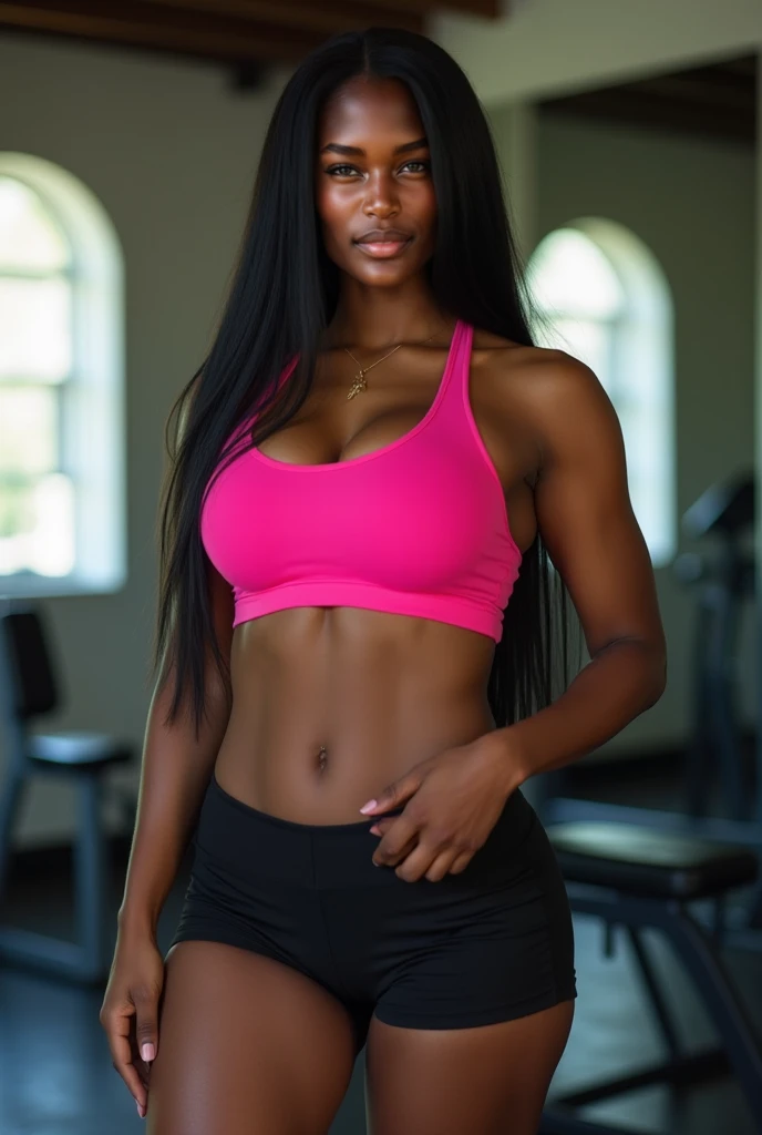 sexy african american 20 -year-old black girl with brown eyes working out in the gym, ultra realistic, meticulously detailed, brown hair and large eyes, selfie of a young woman, without makeup, natural makeup, looking at the camera, face with artgram, subtle makeup, working out in the gym, 8k, hyper-realistic, full body shot with wide angle lens, tika sumpter, details in eyes, no shadows in the face, high key soft light, softbox, pink gym outfit in the gym, gym equipment around, sweaty skin and hair on a ponytail