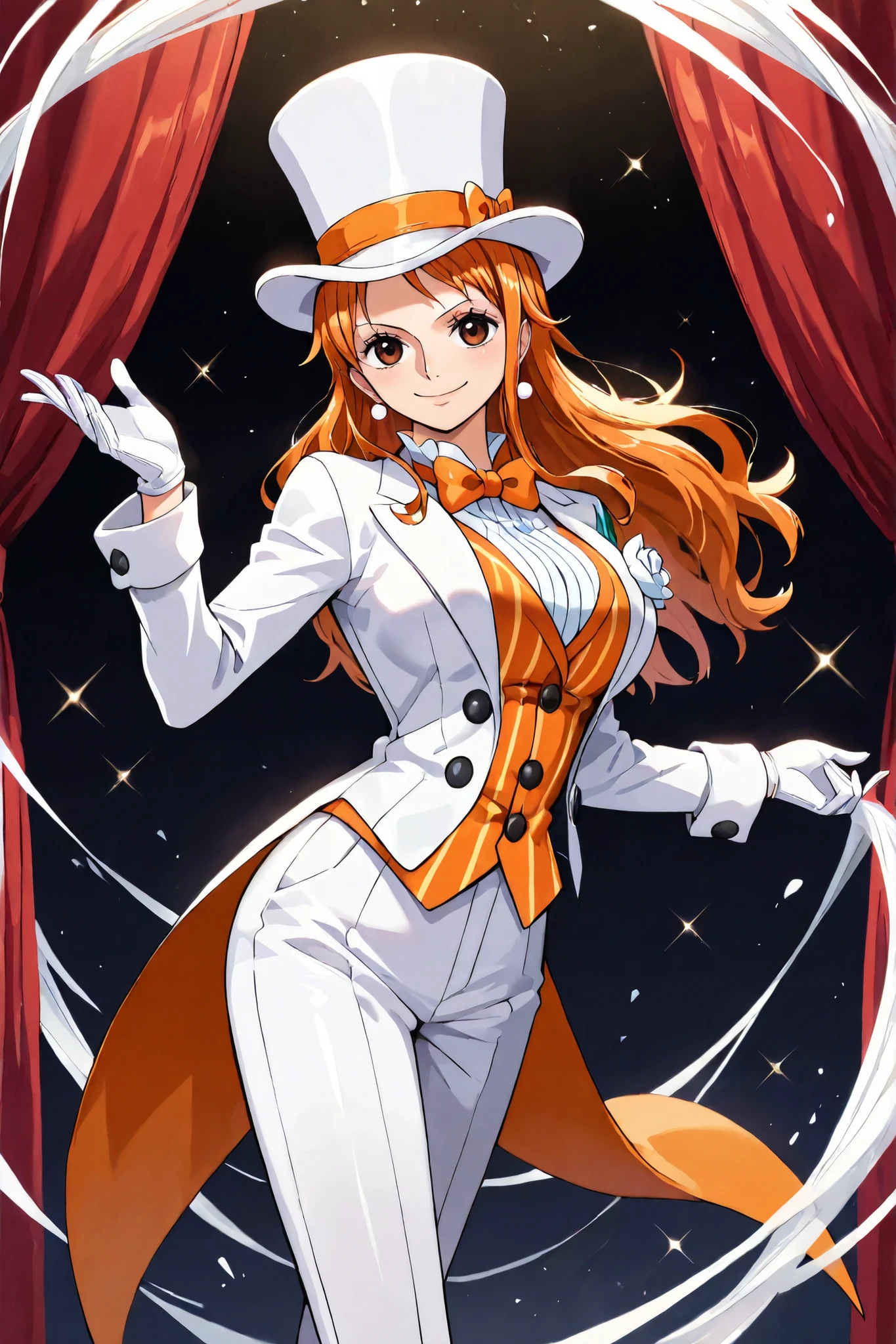 (masterpiece, vibrant colors), solo, 1girl, nami, one piece, long orange hair, earrings, brown eyes, sleek legs, breasts, (white silk top hat, orange band, snug fit), white tailcoat, orange pinstripe vest under tailcoat, orange bowtie, white dress pants, ((white gloves)), (smiling, graceful, serene, confident, fun), (dapper, magician), dancing on an ornate wooden stage, red curtains behind subject, black background, (prim and proper pose, glamorous pose), dynamic pose, razzle dazzle vibes, close up shot, facing the viewer,
