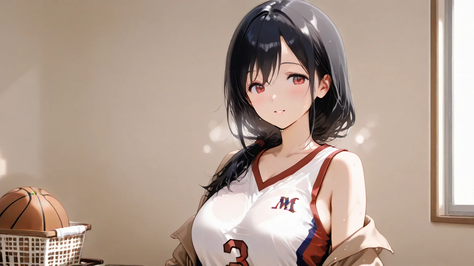 (masutepiece, Best Quality, High resolution:1.5, anime colours, megami magazine:1.2, anime poster style, anime keyvisual, sharp, 8k, photorealistic), (beautiful detailed eyes:1.5, beautiful detailed face:1.2), madoka ayukawa, 1girl, blush, (black hair, Long Hair), (sagging huge breasts), (sports bra), upper body, (Perfect detailed Anatomy, beautiful detailed hair, beautiful detailed body:1.2, shiny skin), (thick outline, Beautiful outlines, black outlines), (simple background:1.5)