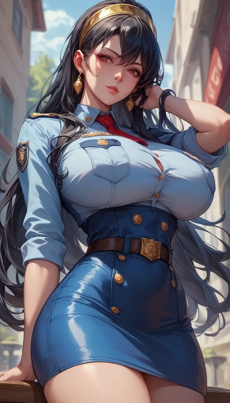 Sexy girl, dressed as a military man, big tits and big ass, cleavage, loose curly brown hair, blue eyes.