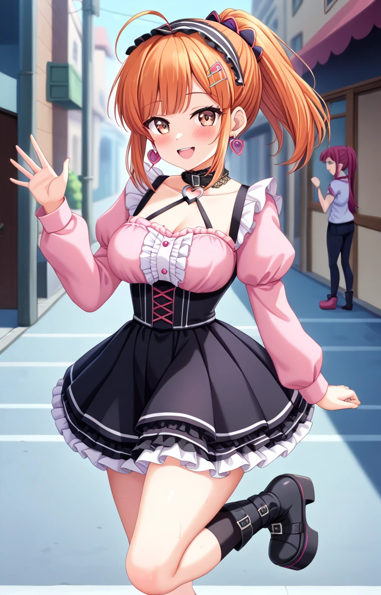 masterpiece, Highest quality, Nico_Yazawa,High resolution, 1 Girl, alone, Brown Hair, short hair, Twin tails、Purple eyes, Cowboy Shot, Frill dress, , Pink Dress, (Cleavage)、(Beautiful thighs)、city, Outdoor, garden, Carrying a red backpack, (randoseru backpack:1.2) Sweaty、Thick thighs、Highest quality、4K、1girl, 8years old, loli, cute, grin, 、Skirt lift striped underwear、In the city、Many passersby are surrounding the girl.、、Thick thighs、Ahegao、Men holding their penises and surrounding girls、Semen from the penis、Bukkake、Bukkake、(Bukkake)