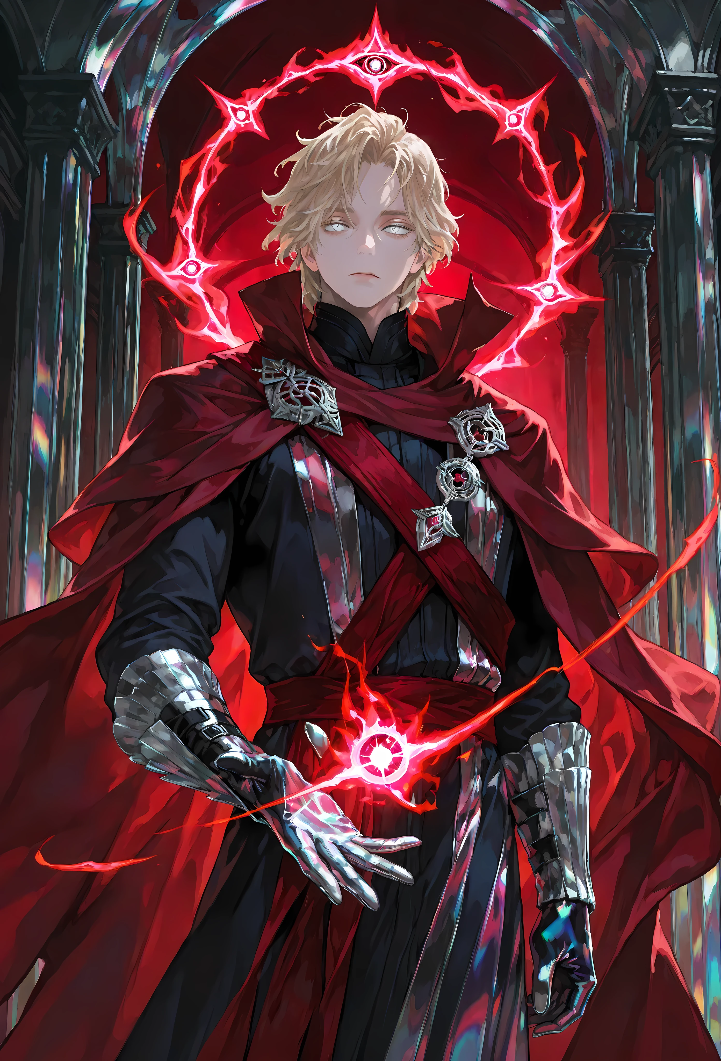 8k, beautiful masterpiece, looking out at the front, alone, pale skin, Perfect Eyes shape, Athletic Build, ((He wears: Black Doctor Strange Robes, Eye of Agamotto Amulet, Dark Red Cape with Cowl, Mystic Gloves, Dark Red Sash)), (((background is vast magic library, looks emotionless and somber while casting a spell))), 23 years old male, 1 man, male-centered, handsome man, handsome, short messy hair, blonde hair, Thick painted, (((iridescent silver eyes))), Perfect Eyes, masterpiece, top quality, amazing quality, exquisite details, very detailed, semi-realism art , semi-realism art style