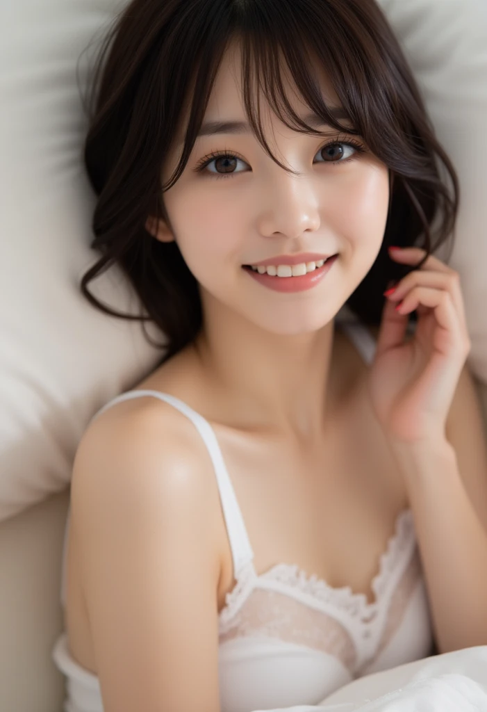 Highest quality、masterpiece、Ultra-high resolution,(Realistic:1.4),Diagonal、1 girl、Black Hair,(Shortcuts,bangs),smile、Young、(big:0.9),room、Selfie、On the bed、White sheets、underwear、high school girl、Mole