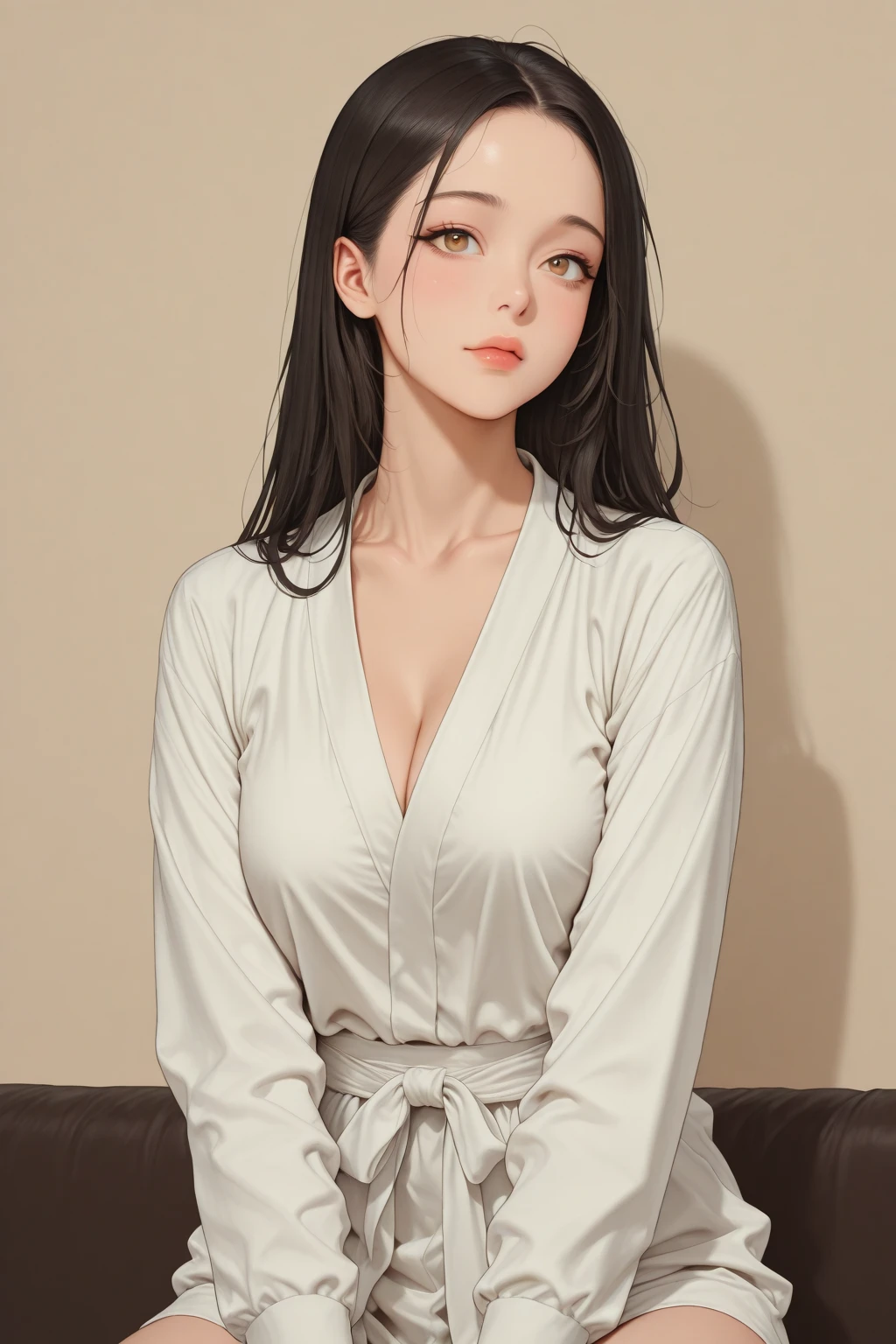 hyuuga trabalharbi, cabelo longo amarrado baixo, hair elastic, trabalhar, olhos roxos, lindo, lindo woman, cabelo entre os olhos, Corpo perfeito, seios perfeitos, vestindo uma grande camisa laranja, calcinha vermelha, in cama, camaroom, cama, sitting on the cama sleeping, olhando para o espectador, sorrindo levemente, Realismo, Obra de arte, pele texturizada, Super Detalhe, Alto detalhe, alta qualidade, melhor qualidade, 1080p, 16K