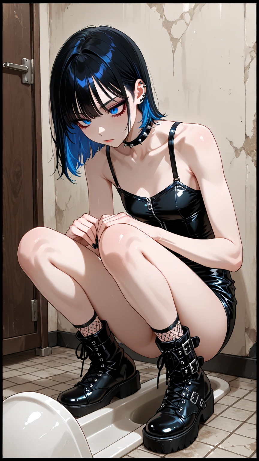 realistic, insanely detailed, beautiful, FHD, 16K, girl,flat chest,Slender,long hair,,multicolored hair, two-tone hair, split-color hair,prison, nude, perfect body