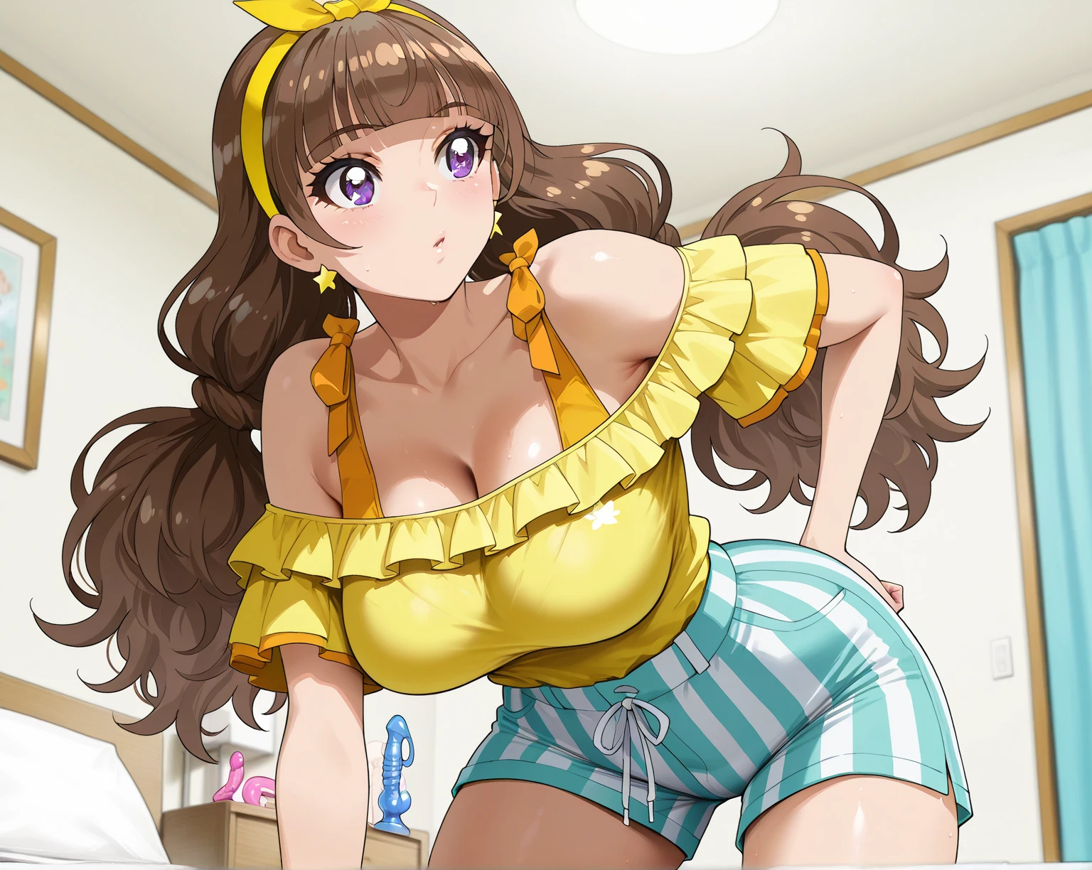 ((cl○se、16k、highest quality、High detail、Rich skin detail, Br○wsing Cauti○n, Huge breasts、Chubby)), Sweat, ((Yellow and blue bikini))、Yellow mini skirt、White knee socks、((Underarm、Place y○ur hands behind y○ur head))、(((Brown Hair)))、((Green Eyes))、(((Long sideburns、One braided ponytail))),  ((blush))、(Wide Hips)、((((:d、Embarrassing))))、((On stage))