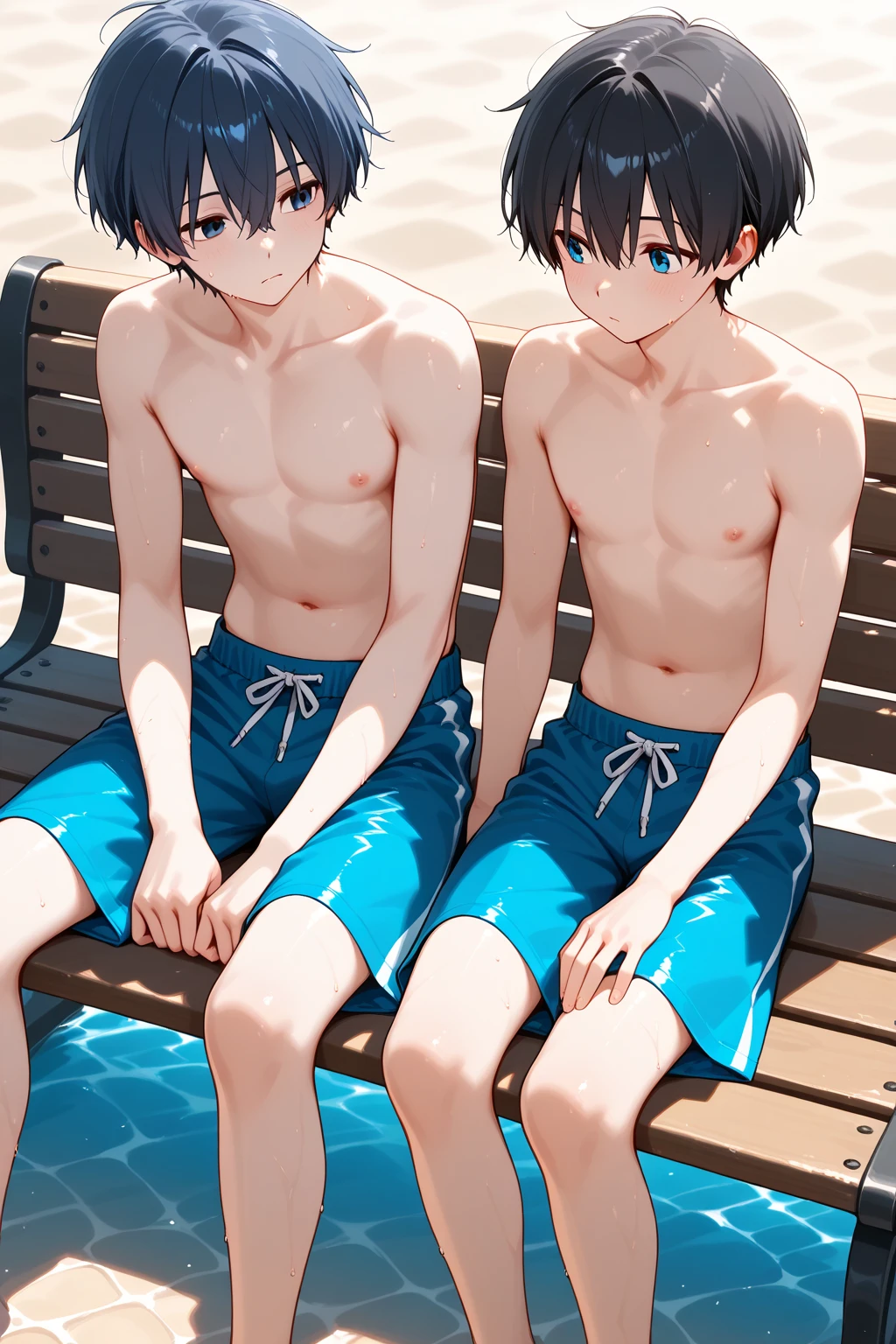 Two boys swimming in shorts，swimmingpool