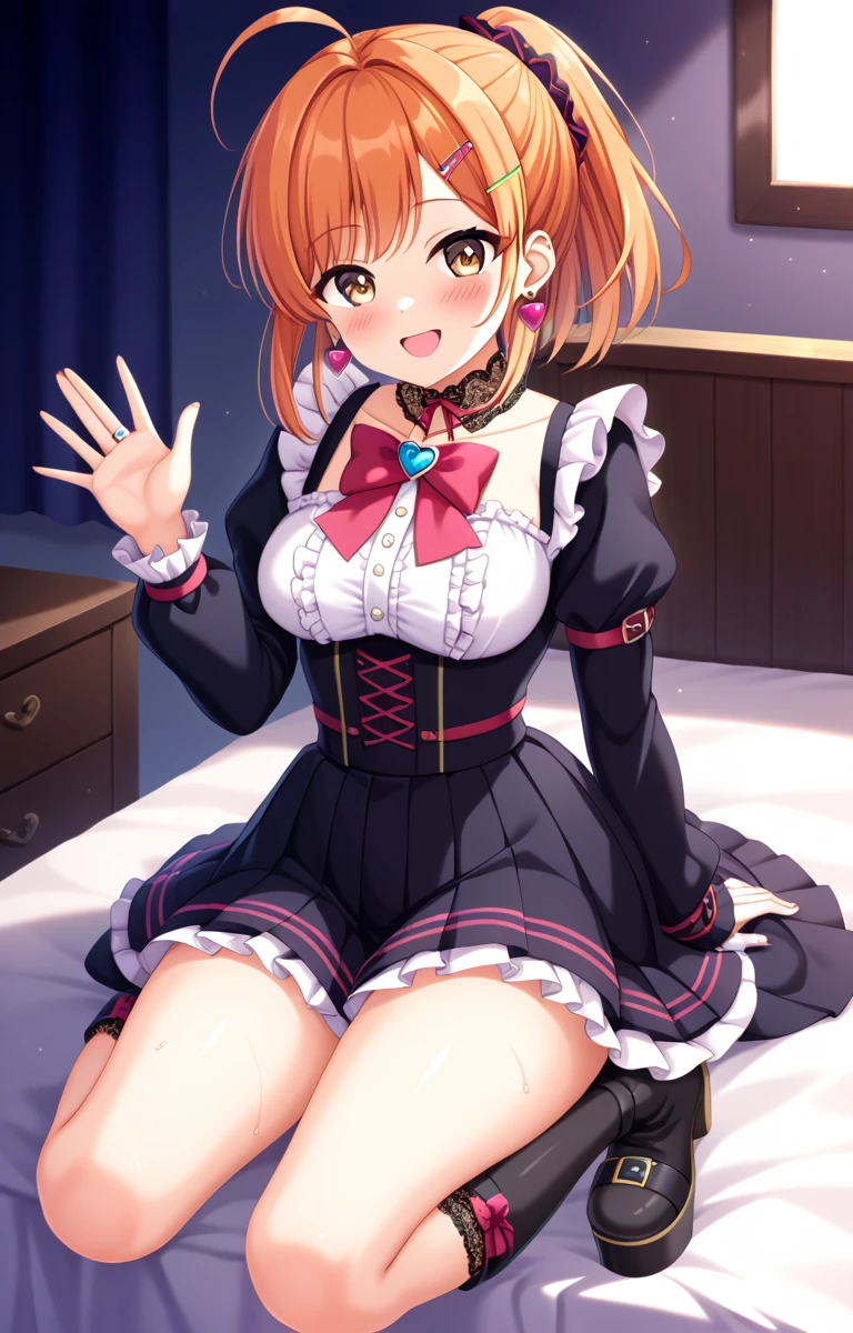 masterpiece, Highest quality, One Girl, Thighs, beautiful girl, Narrow waist, Official Art, RAWphotograph,colorful、Bright lighting、Face Light, Ultra-realistic, High resolution, photograph, Bright lighting、, Highly detailed eyes and face,Symmetrical face, whole body、Large Breasts、Long Hair、チラリと見えるThighs、Beautiful cleavage、smile、lipstick、ponytail、whole body、Embarrassing、High heels、I try to embrace you with both hands、White Lace Sleeve Cyclo Mini Skirt、After the bath、Sleep on your back、Lying down、Spread your legs