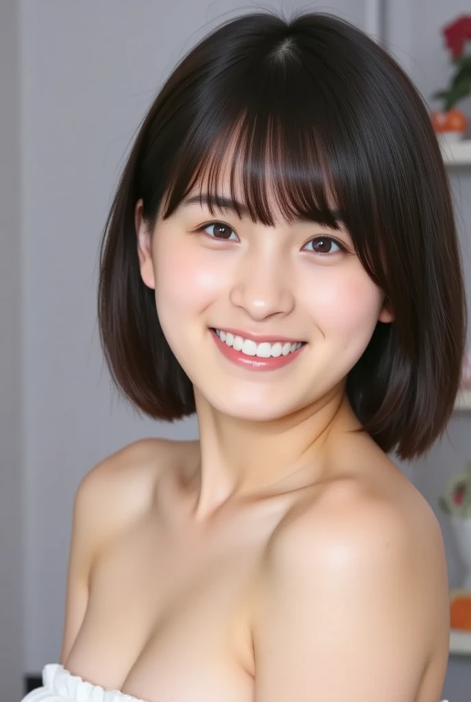 (Highly realistic photos, High resolution), Skinny Japanese woman, 14 years old, Cute Face, Detailed face, fine grain, Mr...々Hairstyle, Slim figure, correct body anatomy, ((Look straight ahead)), Facing the camera directly, A single photo, A photo capturing a perfect moment of beauty and intelligence, ((Simple Background))、((nude)),((Completely naked))、whole body、small, flat, underdeveloped udder、Laugh with your mouth closed、whole bodyアングル