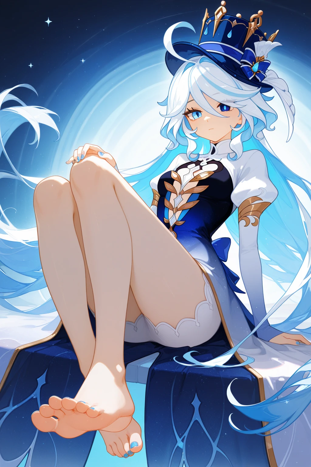(((I want a dragon woman alone, fair skin, long white hair with hairstyle, cold blue eyes, slightly curvy body, medium breasts, wearing pretty dress)))