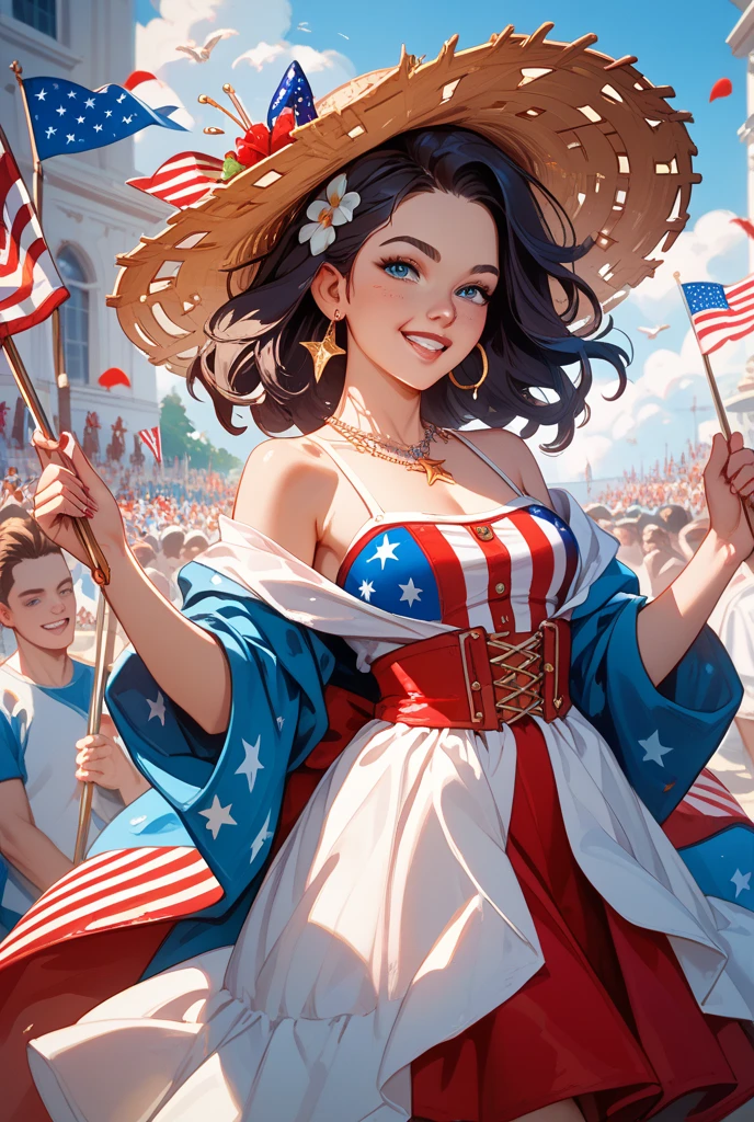 a holding a MAGA banner playfully,1girl,young ,cute,mischievous,american flag background,classic americana,nostalgic,1950s style,retro,vibrant colors,warm lighting,highres,detailed,photorealistic,studio lighting