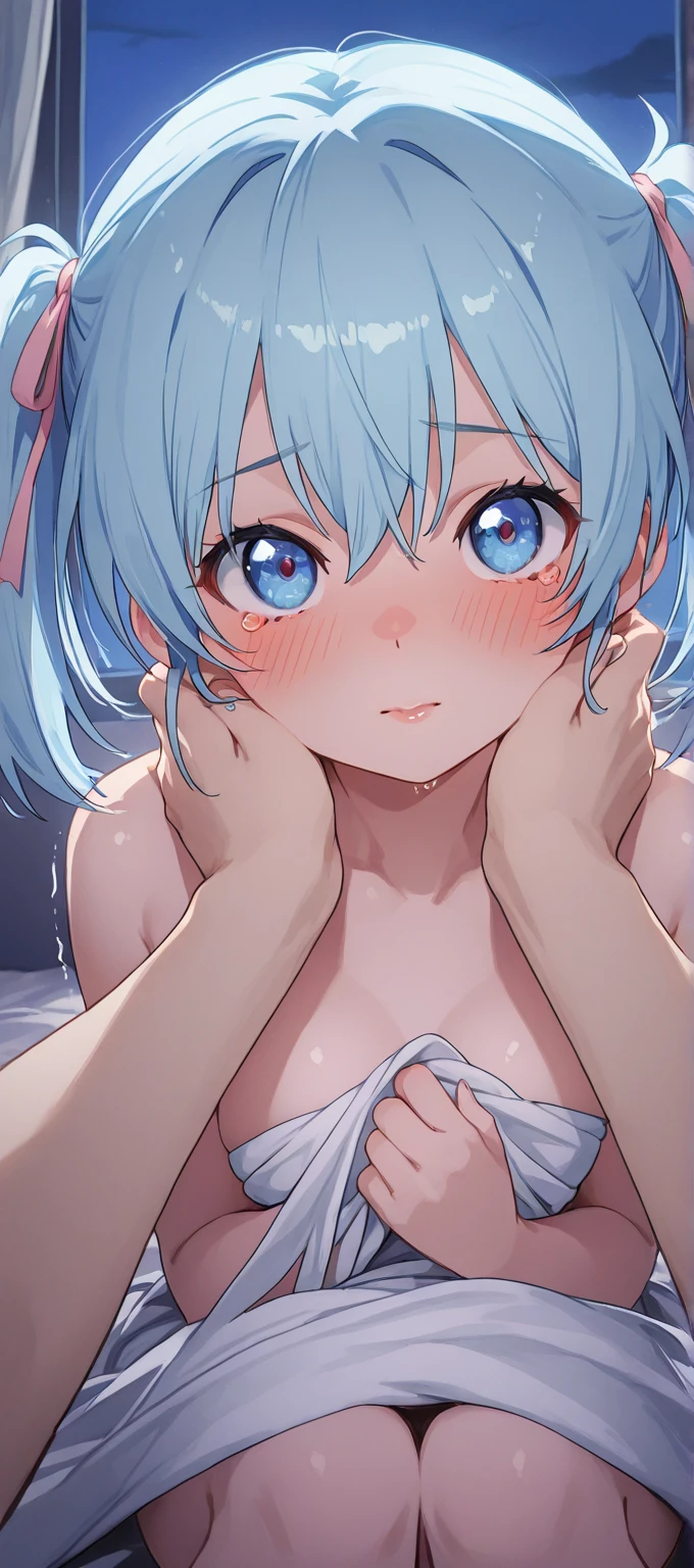 (1 boy and 1girl are having sex:1.5),Absurd, Super detailedな,(In 8K:1.3),Masseter muscle area,(masterpiece:1.2)、(Highest quality)、4K、Super detailed、(Movement Structure:1.4)、(Shining Lights、Atmosphere lighting), High resolution, Best Quality、(One girl:1.4),Super detailedな,Bright colors、Treebreak Production Art、(Warm color light source:1.2),High-level image quality、Fine image quality、Intricate details,Volumetric Lighting,Realism BREAK、Profile、 Idol face、15 years old、Very beautiful face and eyes, Beautiful images、 natural make up、big eyes、 (Baby Face:1.4)、 (sunlight)、 (lie down:1.4)、 (Big Tits:1.6), (glossy skin :1.5)、Plump thighs、(Sweat:1.5), Uterus、urethra、 nsfw, (missionary position, spread legs, legs up:1.5) 、(crotch grab:1.4)、(masturbation,nsfw:1.5)、 (bed、white background:1.2)、(blue hair,short hair、blunt bangs:1.2)、 (Delicate and detailed nude:1.5)、Beautiful nipples、(cum in pussy:1.4),(Missionary sex with a man 1.4)、(overhead shot:1.5),(aroused:1.2),(White skin:1.5)、(arms up:1.2)