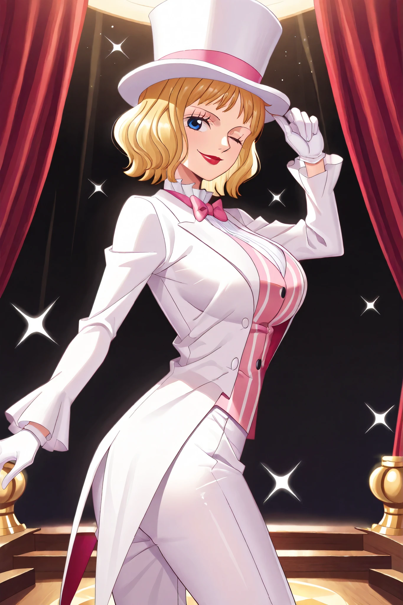 (masterpiece, vibrant colors), solo, 1girl, stussy, one piece, short hair, blonde hair, red lipstick, blue eyes, sleek legs, large breasts, (white silk top hat, pink band, snug fit), white tailcoat, pink pinstripe vest under tailcoat, pink bowtie, white dress pants, ((white gloves)), (smiling, graceful, serene, ladylike, lovely), (dapper, magician), standing on an ornate wooden stage, red curtains behind subject, black background, tipping their hat ,gazing at the viewer, from the back, side glance, ((prim and proper pose, elegant pose)), razzle dazzle vibes, back shot,, facing the viewer, (winking at viewer)