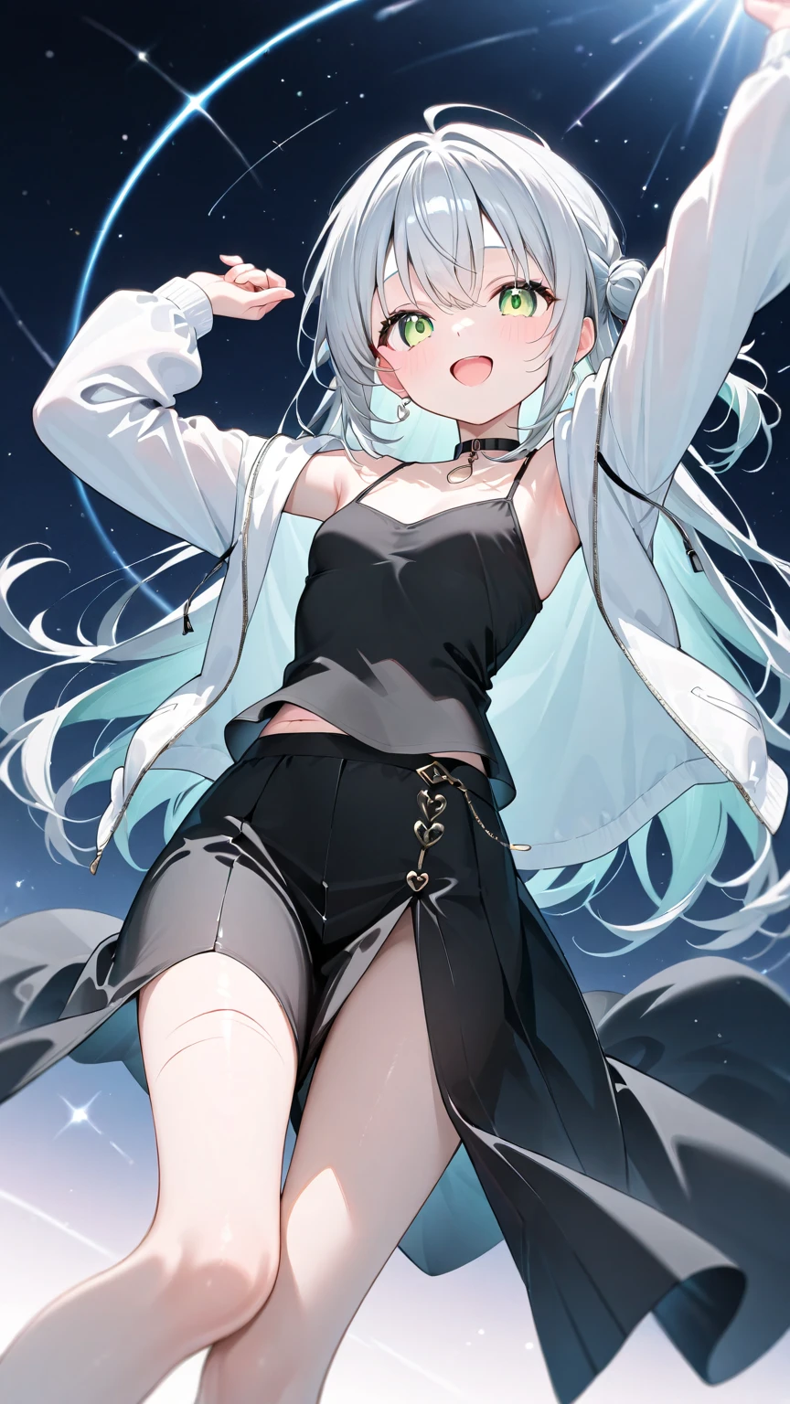 realistic image, coherent image, detailed image, 1 beautiful girl. She has silver hair, long hair. Blue eyes, long eyelashes. Her face is oval and delicate. Smiling. She is wearing a small sleeveless shirt, jean shorts. She has a curvy body, medium breasts, thick thighs. she pose sexy. Background of the universe, surrounded by stars. natural lighting in front, volumetric lighting