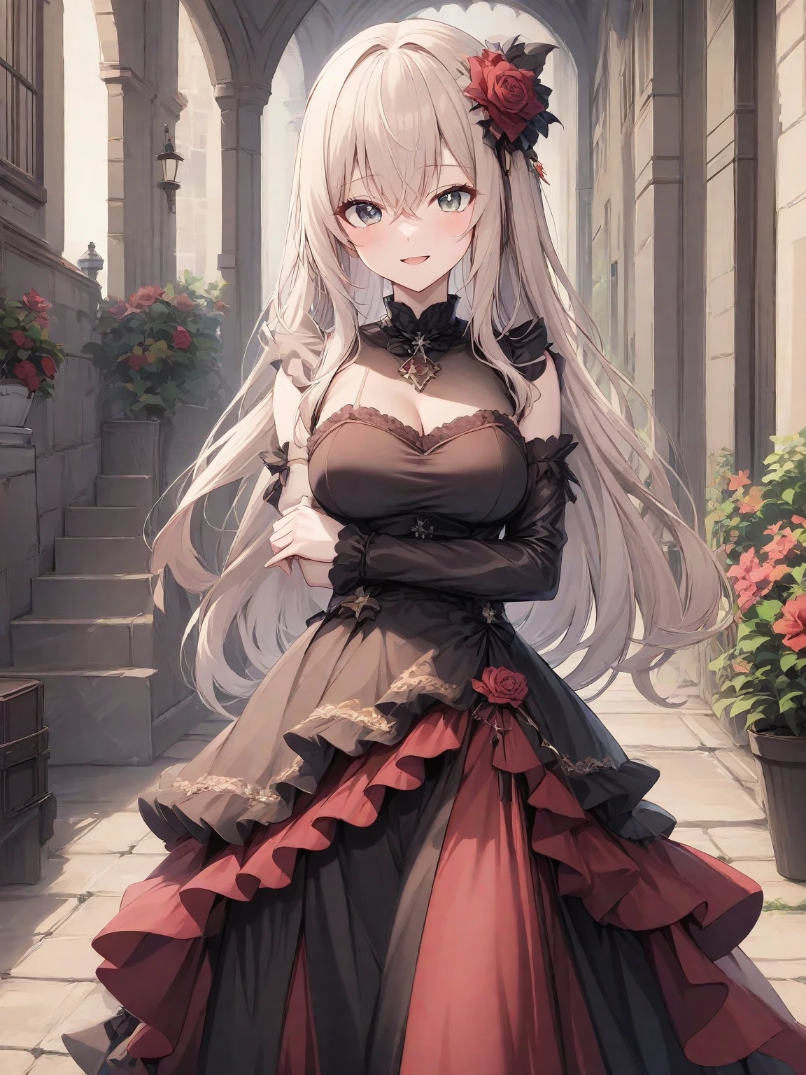 (masterpiece:1.2, Highest quality),(anime), Showing from knees to head,17-year-old girl,Golden Eyes,Tree Eyes,smile,Gray Hair,Golden Hair,Bangs are the same length from end to end,My bangs are covering my eyebrows,No gaps in the front hair,Cropped bangs,Bangs,Half-up at the back,Long Hair,Quite large breasts,Black corset dress,parasol,Low exposure,Medieval Western cityscape,Riverside town,
