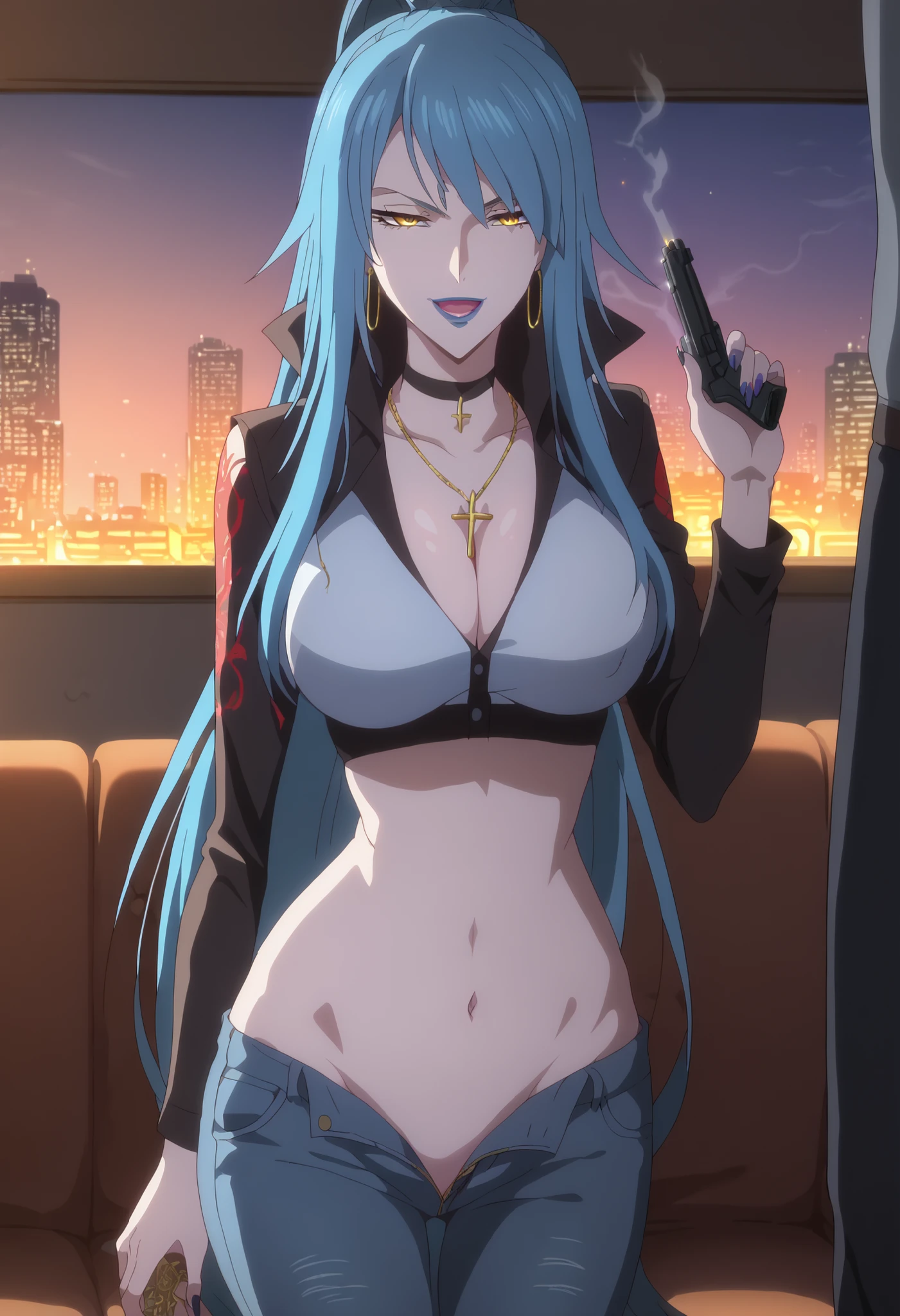 1girl,  esdeath, long hair,  choker, chest tattoo,
mature female, mature, adult, Eft_akame_esdeath, 1girl, blue eyes, blue hair, long hair, large breasts, tattoo, very long hair, chest tattoo, choker, hair between eyes, blush, lipstick, jewelry, earrings, tattoo, Hot girl, baddie, staring, glaring, bad attitude, mean girl, dare, angry, hate, crazy, smoking, sensual, attractive,s , blush, lipstick, outdoors, rooftop, cityscape, building, railing, night, night sky, scenery, , city lights, masterpiece, best quality, highly detailed, a girls with a gun, open mouth, blazer, sexy gaze, (nsfw) not
safe for work, badass pose , evil smile, smile, black bra, anime girl with long hair, long haired girl,
navel, evil expression, exposed belly, exposed navel, exposed midriff, exposed lower belly, micro
miniskirt, micro pencil skirt, pencil skirt ,holding a gun, 