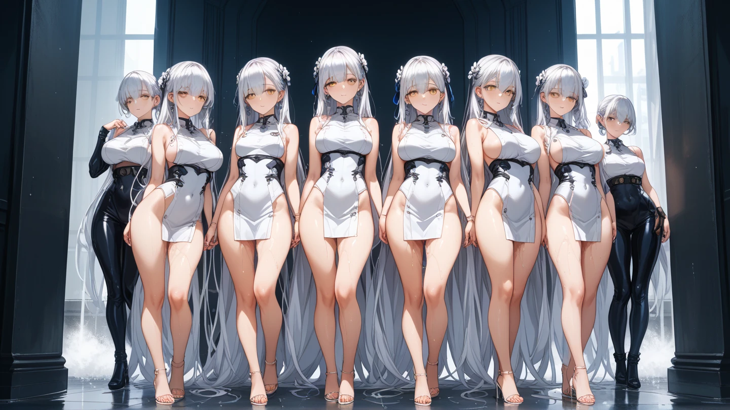 Perfect human body modeling, 1 girl, expressionless, Japanese face, 16 years old, cute girl, blunt bangs and Beautiful long straight and light gray hair, beautiful red eyes, Fairly thin body, albino, No muscles, beautiful naked girl, completely nude,