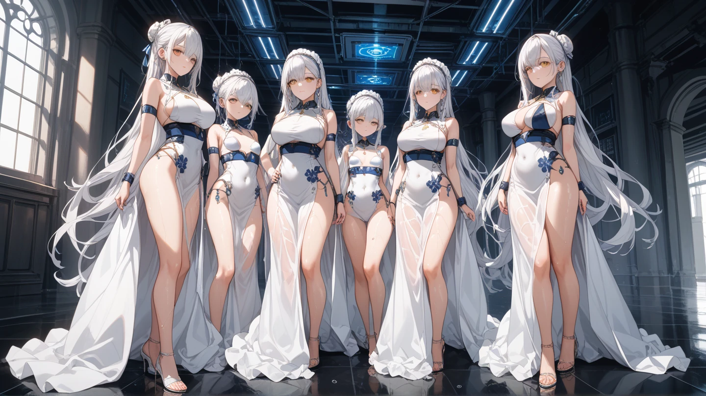 Women transformed into robots, Masterpiece, Full Body Shot, Multipose, All of their faces are beautiful human faces., Everyone looks the same except for their faces々The internal skeleton is visible in various colors., All of them have different sizes and shapes of tops and bottoms., Everyone has a different height and body shape, They all have different hairstyles and hair colors,