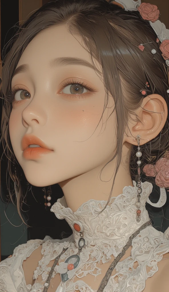 a close up of a woman with parts and a necklace, soft parts, small parts, aesthetic portrait, with parts, slight parts, rosy cheeks with parts, 🤤 girl portrait, sinful pale skin, cute parts, parts, hint of parts, light parts, light cute parts, Girl with brown hair, beautiful aesthetic face, High quality portrait, sinful