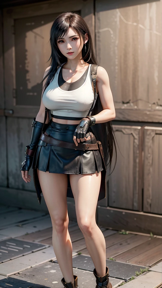 female full body character in sensual shape, wearing a skirt and belt with ammunition and a short top and long hair and long legs and ninja mask