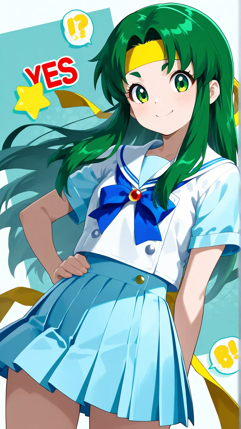 sgannie, yellow eyes, green hair, short hair, parted bangs, twin braids, eyepatch, green dress, star \(symbol\), white bloomers, belt pouch, green thighhighs, zettai ryouiki, :d, sitting, swimming pool , day <lora:annie-skullgirls-v2:1>