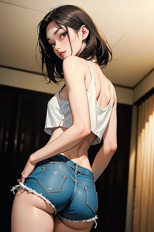 absurdres, best quality, 1girl, solo, looking at viewer, eye focus, chell, ponytail, tank top, clothes around waist, brown hair, brown eyes