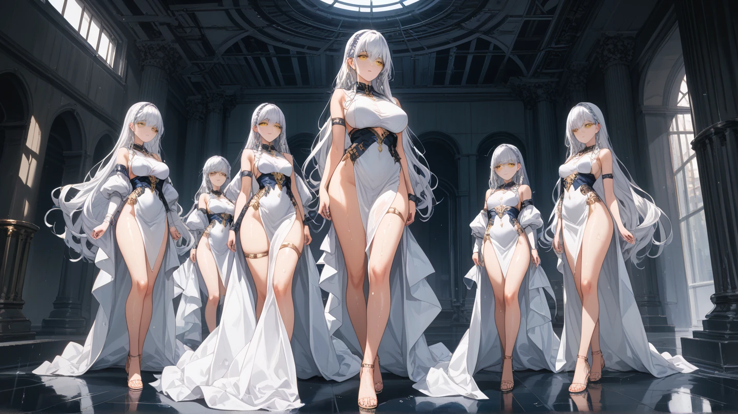 Three girls performing a dance, Dark Cave, water, Silver long-haired, Handsome, Well-proportioned body, Female, Flat Chest, White robe, Gold Jewelry, Spotlight, High Contrast, masterpiece, Highest quality, Best image quality