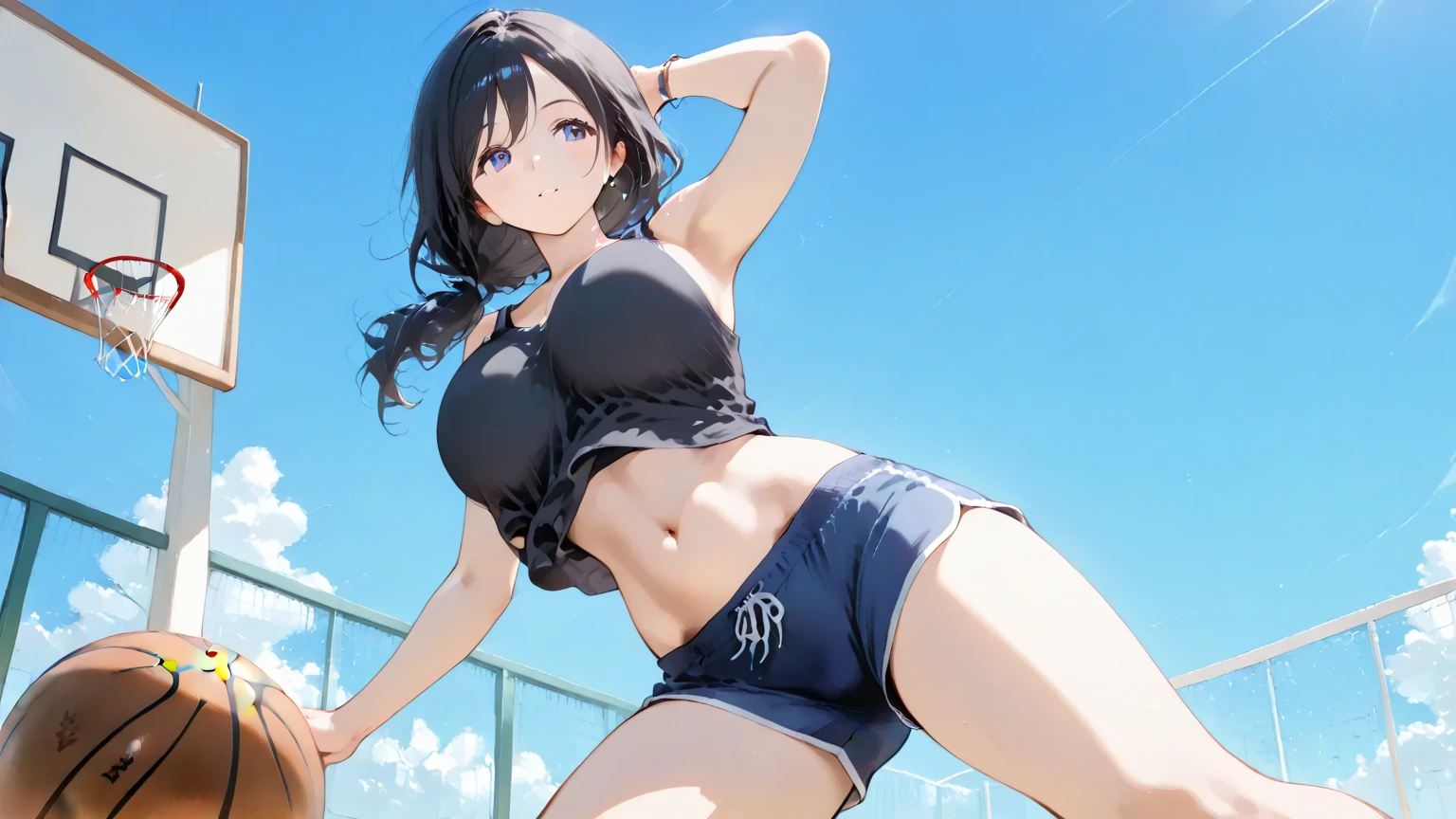 (masterpiece, best quality:1.2), cowboy shot, solo, 1girl, yukinoshita yukino, ((wide smile face:1.4)), ((looking at viever:1.4)), ((black tank logo:1.4)), ((Sky from above:1.4)), ((black lace panties:1.4)), ((full body)), ((kneeling on grass)), ((underboob:1.4)), outside, ((blushing:1.4)), ((armpits)), ((hands behind head:1.4)) ((school shoes:1.4)), ((black short socks:1.4)),