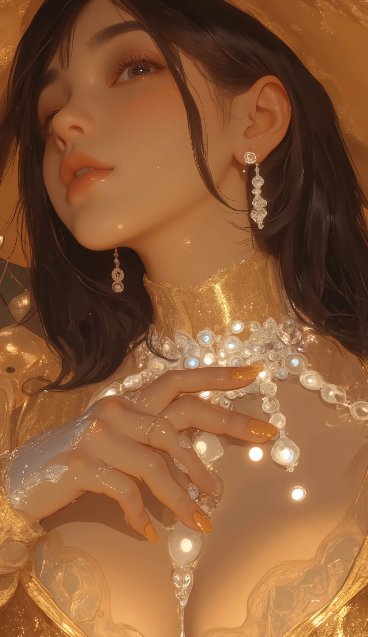 The image is、elegant jewelry, of her body。. Her long nails are polished with a lustrous gold finish, 。中指には華やかなディテールbut施された細いリングなど、A sparkling necklace elegantly draped around her neck. This necklace highlights the 、A delicate chain pattern highlighting the interplay of texture and light, With a woman's hand decorated with、Y字型のストランドbut胸に優しくかかり、 which hangs elegantly across her chest. Her outfit looks glamorous, Perhaps evocative of a formal occasion. The woman's partial hairstyle looks dark, Subtle highlights capturing the light with her silky hair, but、Playing a play of contrast with her radiant surroundings. 柔らかな照明but光沢のある表面を引き立てます, Adding warmth and depth to the composition. 控えめなbutら印象的なイヤリング洗練されたダングル, woman's hand, adorned with pearlescent accents. The overall atmosphere exudes refined elegance and luxury, Follow.