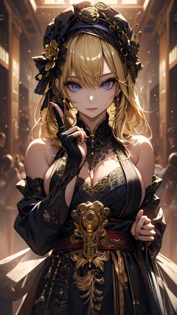 Please follow all prompts below exactly and faithfully. This is a breathtaking masterpiece of digital illustration, with maximum resolution, UHD, 512K, 2160p, 10 million ppi, 300 million dpi, natural color tones, ultra sharp details, perfect outlines with contrast, **most realistic skin and hair textures**, most beautiful detailed eye features, perfect anatomically correct human body, beautiful background with depth, rule of thirds, depth of field, Maximize all element is used to its full potential to create the best digital illustrations, A very sexy and elegant woman with a perfect body style, a beautiful sharp face, slim figure, gravity-defying large breasts, beautiful green eyes, (shiny blonde shaggy cut short hair covering one eye), glossy, sensual, Chinese dance costume with vibrant colors and intricate patterns, featuring a flared skirt, embroidered peony designs, copper accents, long organza sleeves, traditional wave motifs, elegant draping, colorful sashes, ornate headpiece, delicate lace, shimmering sequins, layered textures, and graceful silhouette.