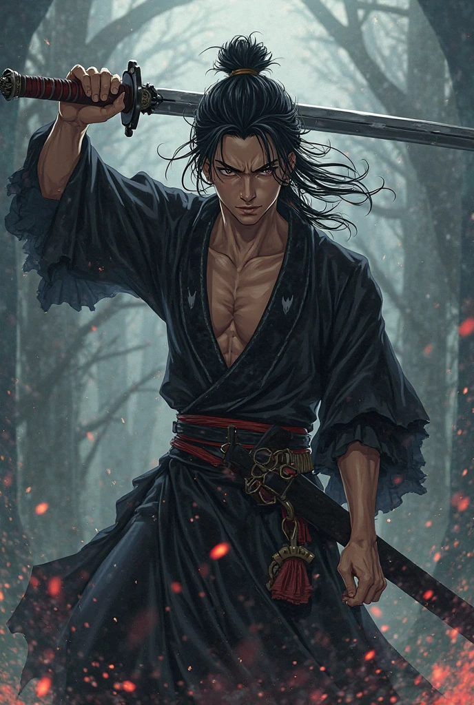Create an image of a slightly muscular 19 year old white male with black hair, just like Miyamoto Musashi from Vagabond, eyes browns, looking tired and angry, com altura de 1.80 meters, wearing light black clothes covering the body and a cape, holding a katana near a lake at night