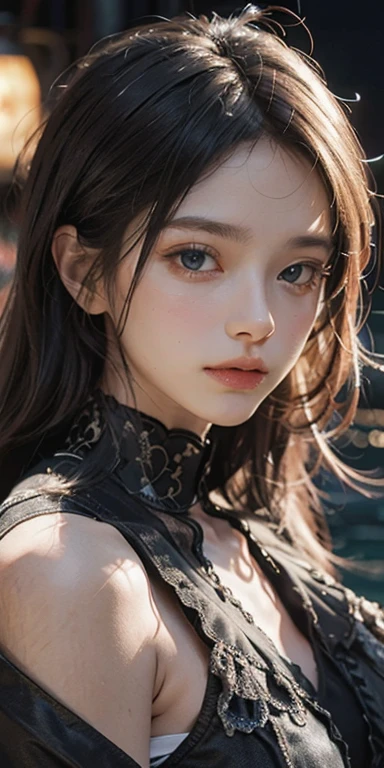 8K ultra hd, Masterpiece, beautiful cute girl, cute face, detailed eyes, medium breathe, black dress, fantacy dress, dim light, cool background, whole body capture,