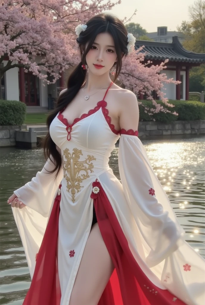 Under the bright spring sunshine，Dressed goddess in gorgeous Chinese costumes，Standing quietly in the sea of mountains, rivers and flowers。her face is beautiful，like orchids in the valley，Fairy overflow。Wearing a lilac silk dress，With a flick，It gives a dreamlike feeling。

Her hair is curled，Embellished with gold and jade hairpins，。The tassel on the forehead sparkles in the sun，It further highlights her noble temperament。Her eyes are like clear lake water，It&#39;s worth it。

The surrounding sea of flowers is like a huge picture scroll，lush peonies、Delicate lily、The scent of jasmine flowers intertwined，Colorful ocean formation。The fragrance of flowers fills the air，intoxicating。The goddess stands quietly in the sea of flowers，It&#39;s like I&#39;m one with these flowers，Like a perfect landscape painting。

The sun shines on her face through the gaps in the leaves，It&#39;s like giving her a soft glow。A fresh breeze blew through，Her long skirt flutters in the wind，Just like a fairy beneath mortals。Butterflies dancing among flowers，It&#39;s like I&#39;m performing a beautiful dance for her。

The whole scene is breathtakingly beautiful，Like a paradise on earth。The goddess in Hanfu stands in the sea of landscapes and flowers，Gives people a feeling of traveling through time and space，Let people immerse themselves in this beautiful picture。full-body shot片，Stand up，Jade Foot，High heel，Large bust，Cleavage，full-body shot