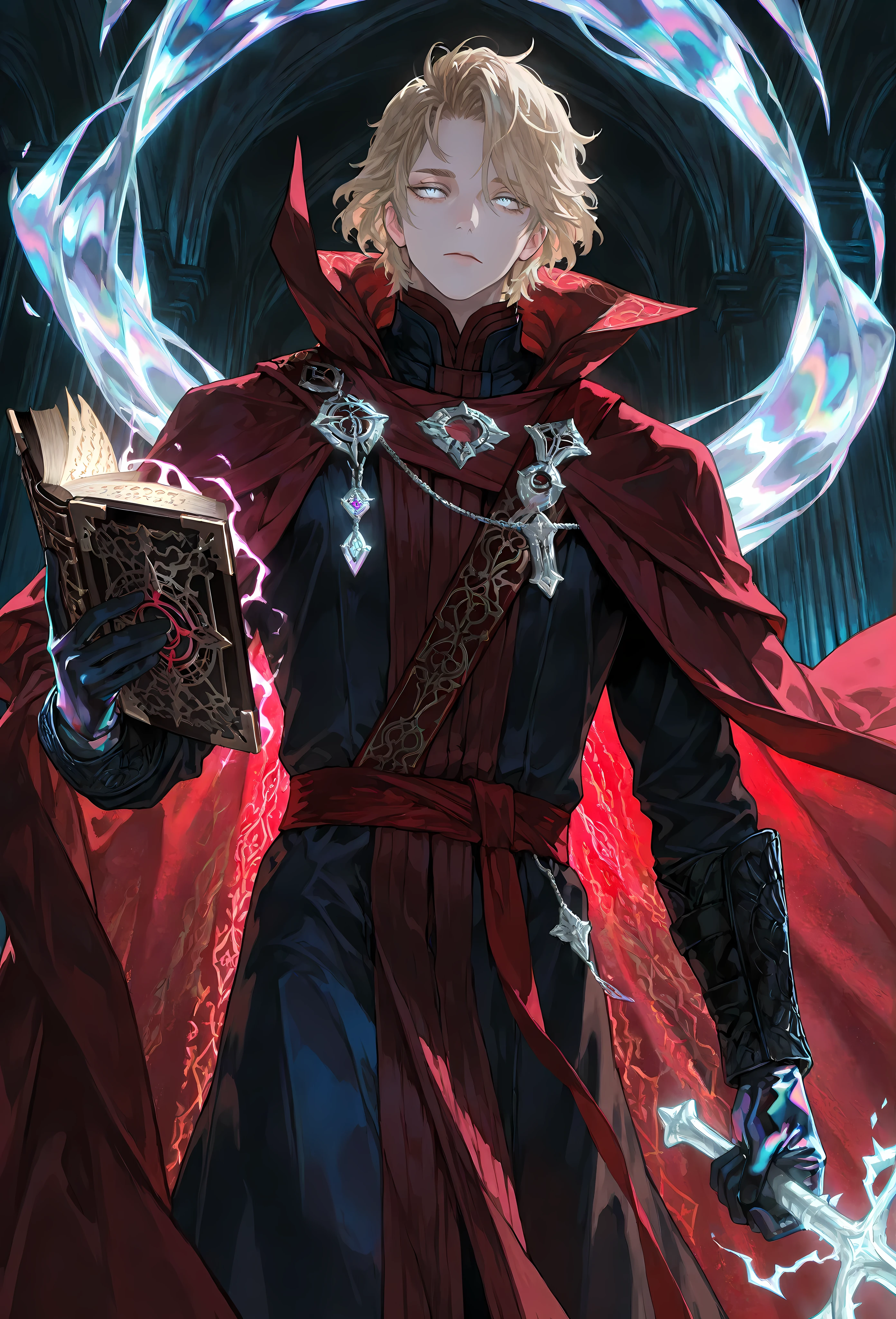 8k, beautiful masterpiece, looking out at the front, alone, pale skin, Perfect Eyes shape, Athletic Build, ((He wears: Black Doctor Strange Robes, Eye of Agamotto Amulet, Dark Red Cape with Cowl, Mystic Gloves, Dark Red Sash)), (((background is vast magic library, looks emotionless and somber while holding a grimoire and casting a spell))), 23 years old male, 1 man, male-centered, handsome man, handsome, short messy hair, blonde hair, Thick painted, (((iridescent silver eyes))), Perfect Eyes, masterpiece, top quality, amazing quality, exquisite details, very detailed, semi-realism art , semi-realism art style