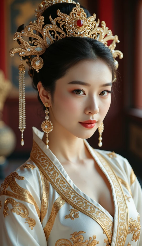 masterpiece, best quality, 1 girl, solitary, ((aldult))，(Huge breasts)， Long hair，(Siamese transparent black silk)，Happy, Looking at the audience, (precise、Perfect face shape:1.3)，（Beautiful five fingers），(Crotch front display)，Ultra HD，Ray Tracing,，reflected light， Correct structure，The award-winning，High Detail，Reduce shadow contrast，Facial lighting ，Cinema Lighting，masterpiece，Super Detail，high quality，High Detail， best quality，16K，High contrast，Close-up of woman, Queen of the Sea Mu Yanling, A young woman playing, Chinese Empress,, Chinese Princess