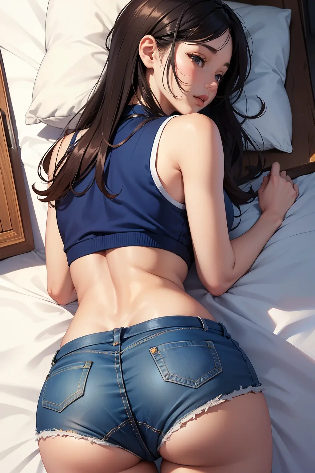 Cowgirl, gray shirt, open chest, gray panty, turn back, show her butt, drop underwear, sleep on bed,