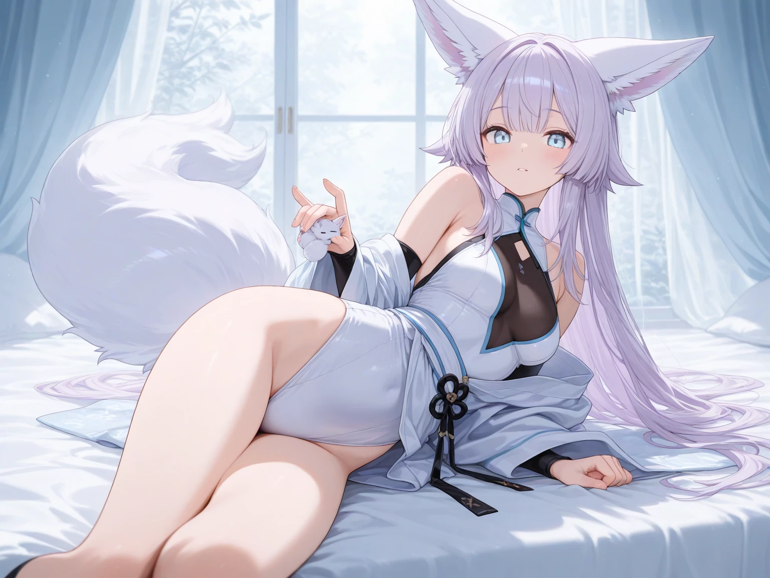 Obra de arte, melhor qualidade, De baixo ,calcinhas, NSFW, 2d, 1girl, medium size chest, intricate details, white hair, short hair, black eyes, looking at viewer, Fox ears, Fox tail, Black hair ribbon, Nude, no shirt, no pants, no panties, cowboy shot, sitting, ashamed, looking at viewer, open mouth, straight-on, choker, Night City Background, Indors, Showing pussy, Arms to the air, Hands to the back of the head, Hairy pussy, Pubic hair, White pubic hair, Bushy pussy, armpits hair, Hairy armpits, Red gloves, Fingerless gloves, Tan, Tomboy