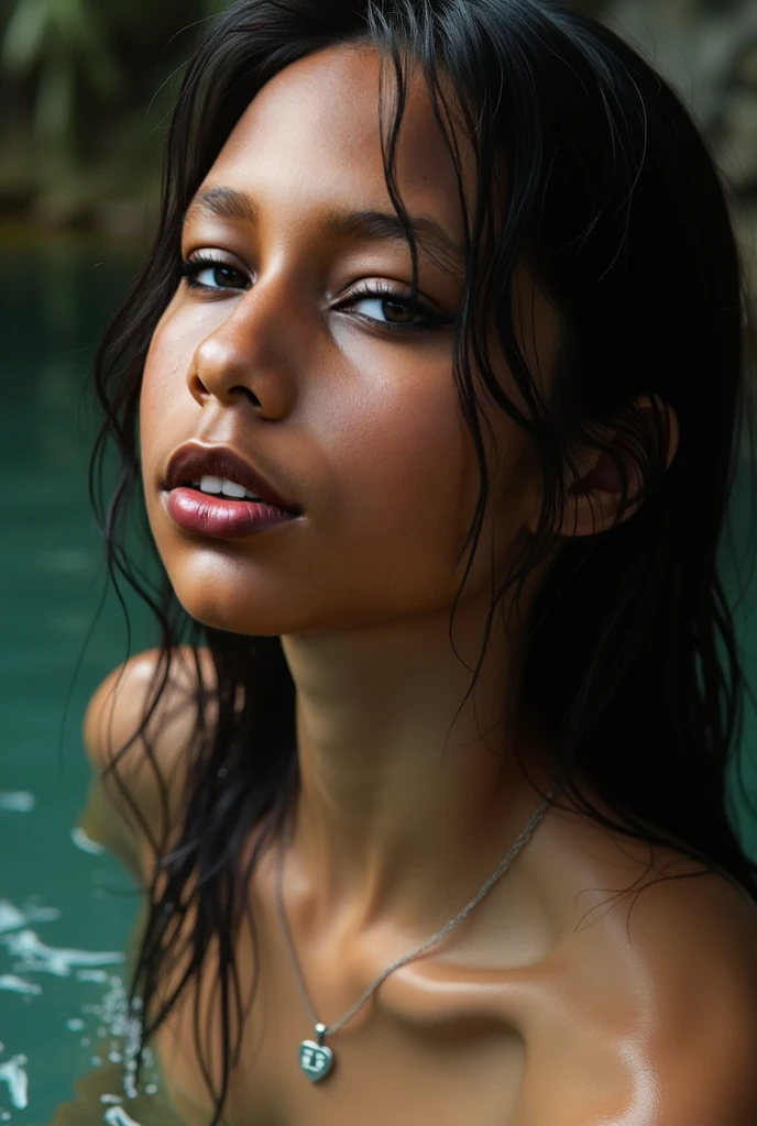 ((photo of a sexy 19 year old black girl)), sexy and naughty face, braided hairstyle, (((light nipples))), pool day, (((small tits))), ((( wet hair))), smiling, full body photo
