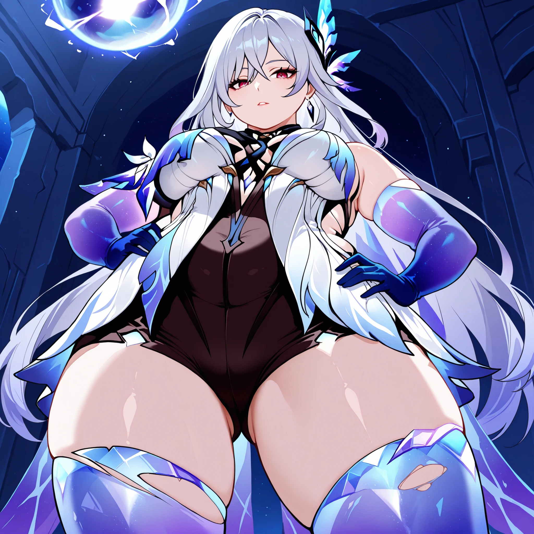 anime screencap, masterpiece, best quality,
1girl, solo, parted lips,
 1girl, solo, mature female, skirk \(genshin impact\), genshin impact, 1girl, solo, breasts, long hair, gloves, thighhighs, looking at viewer, elbow gloves, hand on hip, bangs, hair ornament, jewelry, blue gloves, bare shoulders, grey hair, large breasts, earrings, thighs, blue thighhighs, purple eyes, very long hair, hair between eyes, torn clothes, leotard, dress, red eyes, defined legs , standing, closed mouth, black shorts, shorts, universe, event horizon masterpiece, best quality, very aesthetic, absurdres, extended upskirt, upshirt, inside clothes, underwear, aesthetic,
, (negative_v2 Color_Balance_Calibration:0.8), negativeXL_D, aidxlv05_neg, Stable_Yogis_Animetoon_Negatives, chubby, chubby girl